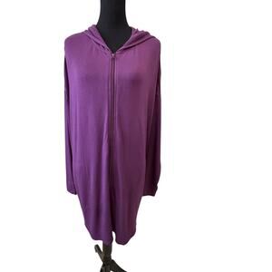 New NATORI Women's Purple Zip Up Sweatshirt Robe Hooded Long Bathrobe Size XL